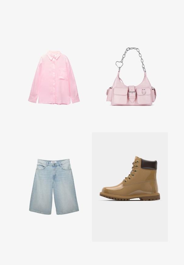 Jasnoróżowa koszula na guziki z kołnierzykiem, długimi rękawami i kieszonką na klatce piersiowej; wykonana z gładkiego materiału o subtelnej teksturze.; Jasnoniebieskie szorty dżinsowe o szerokim kroju, z pięcioma kieszeniami, szlufkami na pasek i zamek błyskawicznym. Gładka faktura z lekkim przetarciem.; Brązowe skórzane botki za kostkę z połyskiem, z brązowymi akcentami, okrągłym noskiem, sześcioma metalowymi oczkami, brązowymi sznurowadłami oraz teksturowaną gumową podeszwą.; Różowa torba z faux skóry z metalowym łańcuszkiem, sercowymi akcentami, zapięciem z przodu oraz dwiema małymi kieszonkami z przodu.