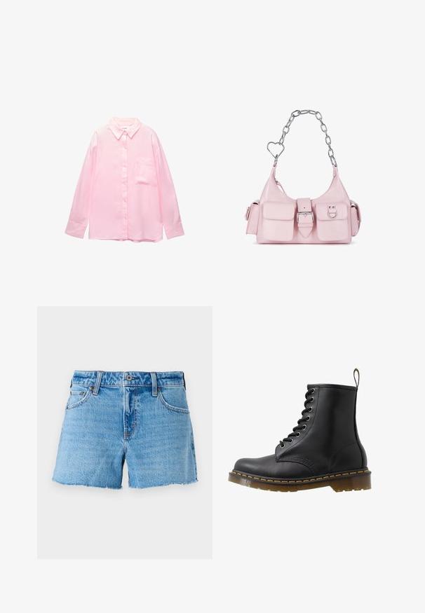Light pink button-up shirt with a collared neckline, long sleeves, and a chest pocket; made of smooth fabric with a subtle texture.; Denim shorts in light blue, featuring a raw edge hem, five-pocket design, and brass button closure. Smooth texture with slight fading.; Black leather ankle boot with round toe, eyelet lace-up design, orange stitching, and a chunky translucent sole. Pull tab at the back.; Pink faux leather handbag with silver chain handle, heart-shaped accents, front buckle, and two small pockets on the front.