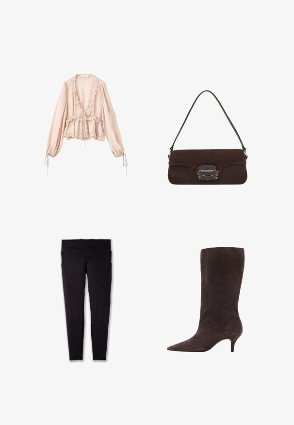 Blauwroze blouse met lange mouwen, ruches bij de hals, een trekkoord in de taille en kanten rand bij de manchetten en zoom. Lichtgewicht, gestructureerde stof.; Zwarte sportlegging met een hoge taille, gemaakt van rekbare stof, met zijzakken en platte naden voor een soepele pasvorm.; Bruine suède kniehoogte laars met een spitse neus en een mid-hoge hak, met een gladde textuur en een slank ontwerp.; Bruine suède handtas met een lange leren schouderband, zilveren hardware, een rechthoekige vorm en een platte flap met een centrale versiering.