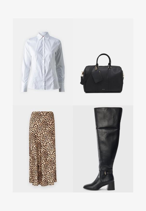 Chemise blanche à manches longues, col pointu, design ajusté, en tissu de coton lisse et fermeture à boutons sur le devant.; Jupe longue imprimée léopard en tissu lisse. Fond beige avec des taches noires et marron. Design évasé avec un ourlet droit.; Botte en cuir noire à hauteur de genou avec un talon carré et une sangle décorative avec boucle dorée au-dessus de la cheville, vue de côté sur fond blanc.; Sac de sport en simili cuir noir avec quincaillerie dorée, double poignées supérieures, bandoulière réglable et poche à étiquette amovible.