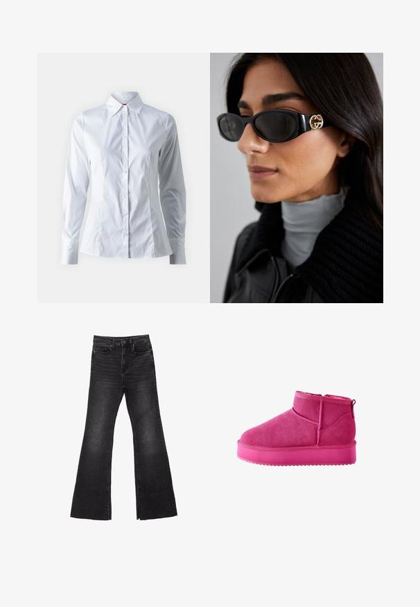 Hvid skjorte med lange ærmer, spidse krave, tætsiddende design, glat bomuldsstof og frontlukning med knapper.; Udsmykkede sorte denim jeans med rå kant, med fem lomme-design og knaplukning. Lavet af et robust, struktureret stof.; Next Vinterstøvler - pink; Sorte solbriller med en strømlinet rektangulær ramme og en guld logoaccent på siden. Mørke linser og blank overflade er fremtrædende.