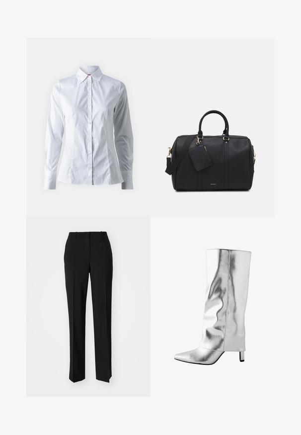Vit skjorta med knappar, lång ärm, spetskrage, skräddarsydd design, slät bomullstyg och knappstängning fram.; Svarta skräddarsydda byxor med rak benform, med en slät yta och skarpa veck fram. Ingen synlig hårdvara.; Silverfärgade läderstövlar som går upp till knäna, med spetsig tå, slät yta och en elegant design. De har en liten blockklack och stickade detaljer.; Svart konstläder duffelväska med guldfärgad metalldetaljer, dubbla handtag på toppen, justerbar axelrem och en avtagbar ficka för taggar.