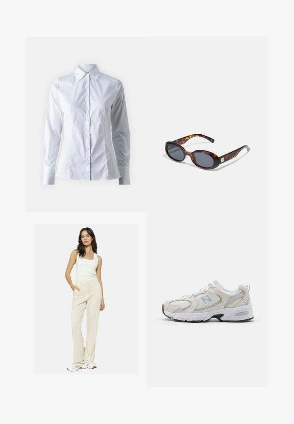 Biely košeľový top s dlhými rukávmi, špicatým golierom, priliehavým strihom, hladkou bavlnenou tkaninou a predným zapínaním na gombíky.; Béžové nohavice so rovnými nohavicami, hladkou textúrou a prednými vreckami, skombinované s priliehavým bielym tielkom a bielymi športovými topánkami.; Športová obuv s hornou časťou zo svetlošedého sieťového materiálu so semišovými akcentmi, bielymi šnúrkami a čiernou gumovou podrážkou. Výrazný detail odpruženia ABZORB.; Hnedé korytnačie slnečné okuliare s oválnymi sklami a tmavošedým odtieňom. Na spánkoch majú zlatý akcent. Hladká plastová textúra.