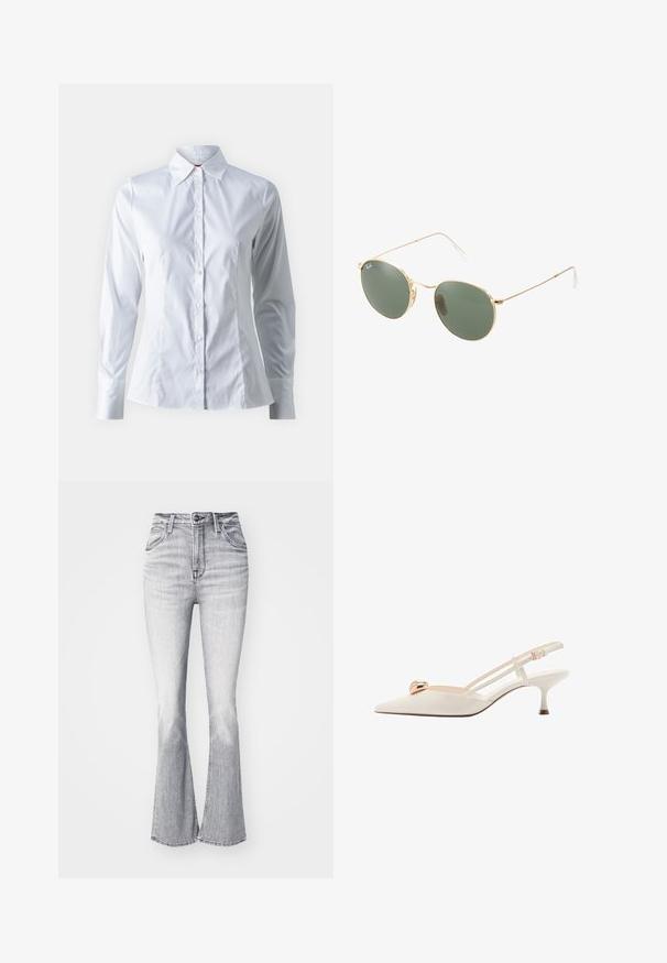 White button-up shirt with long sleeves, point collar, fitted design, smooth cotton fabric, and front button closure.; Lee BREESE - Trousers - heavy ice; Cream-colored slingback shoe with a pointed toe, thin straps, and a gold accent on the vamp. Features a low, narrow heel.; Gold metal frame sunglasses with green lenses, round shape, thin temples, and white plastic accents on the tips of the arms.