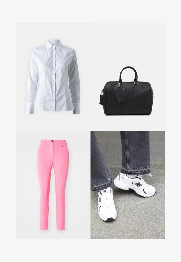 Biała koszula zapinana na guziki, z długimi rękawami, kołnierzykiem w szpic, dopasowanym krojem, gładkiego materiału bawełnianego oraz z przodu zapinana na guziki.; Różowe spodnie o szytym kroju wykonane z elastycznego materiału, z zapięciem na guzik z przodu, dopasowany krój i pionowe szwy, które nadają smukły wygląd.; Białe sneakersy New Balance mają cholewkę z siateczki i syntetyku z czarnymi akcentami. Noszone z szarymi dżinsami z postrzępionym dołem na teksturowanej powierzchni.; Czarna torba podróżna z imitacji skóry z złotymi elementami, podwójnymi uchwytami, regulowanym paskiem na ramię oraz wyjmowaną kieszenią na etykietę.