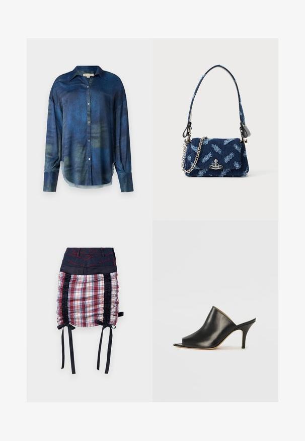 MIISTA UNNA SHIRT - Gombos blúz - blue; Kockás szoknya sötétkék farmer derékrésszel. Fekete oldalsó panelek, redőzött részletek és fekete szalagkötések a szegélyen. Piros varrás kiemelések.; Fekete bőr, nyitott orrú mules cipő, elegáns, ívelt kialakítással, magas stiletto sarokkal és sima textúrával. A belső tér világos színű, kontrasztos.; Sötétkék textil bevásárlótáska texturált mintával, ezüst hardware-ral és leválasztható láncos pánttal. Füllel zárható, logóval díszítve.