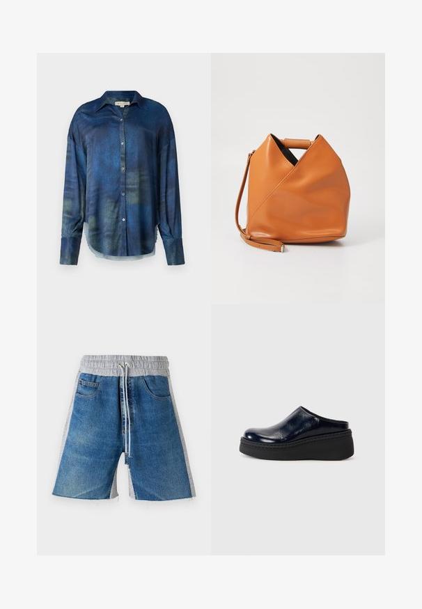 MIISTA UNNA SHIRT - Pogājama blūze - blue; Denim šorti ar pelēku elastīgu jostu, kas aprīkoti ar auklu. Dizains ietver sānu kabatas un krāsu bloku izskatu.; Tumši zila lakota āda ar gludu apdari, piedāvā biezus melnus platformas sole ar redzamām šuvēm apakšā.; Tan krāsas ādas soma ar unikālu trīsstūra locījuma dizainu, augšējo rokturi un noņemamu plecu siksnu uz balta fona.