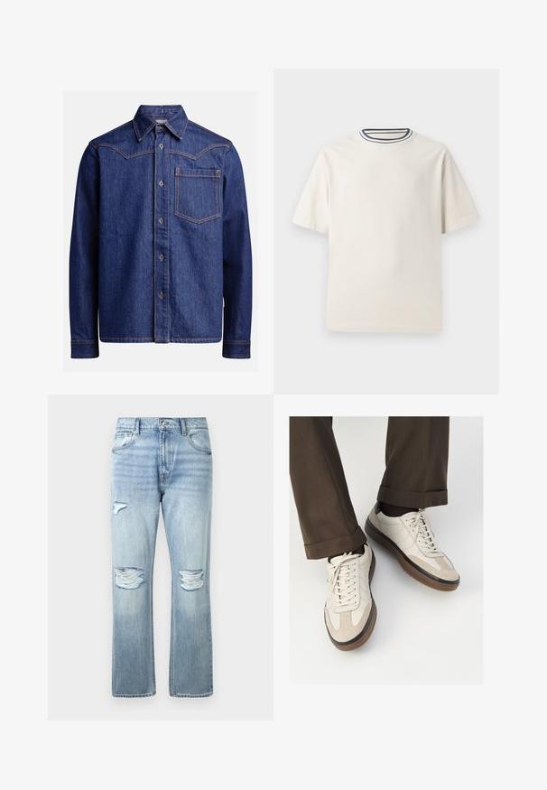 Camicia in denim blu scuro a maniche lunghe con colletto a punta, chiusura con bottoni, tasca sul petto e cuciture arancioni a contrasto.; T-shirt in cotone color crema con maniche corte, caratterizzato da un collo rotondo decorato da righe blu navy e bianche. Tessuto liscio, vestibilità comoda.; Jeans in denim azzurro chiaro con strappi usurati su entrambi i ginocchi e un piccolo strappo sulla coscia sinistra alta, stile classico a cinque tasche.; Sneakers beige con una parte anteriore in suede testurizzato, lati in pelle liscia e una suola in gomma marrone. Inclusi lacci e dettagli di cucitura leggera.