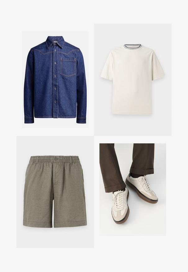 Tamsiai mėlynas džinsinis marškinėliai su ilgomis rankovėmis, smailiu apykaklės dizainu, mygtukų priekyje, krūtine kišene ir kontrastinga oranžine siuvimo linija.; Kremo spalvos medvilninė marškinėlių su trumpomis rankovėmis, suapvalintu iškirpimu, puoštu tamsiai mėlynomis ir baltomis juostelėmis. Glotni tekstūra, laisvas sijonas.; Šviesiai rudos spalvos šortai pagaminti iš lengvos medžiagos, su elastiniu juosmeniu ir mygtuko užsegimu. Turi tiesaus kirpimo dizainą ir susuktas briaunas.; Bežiniai sportbačiai su tekstūruotu zomšinės priekine dalimi, lygiomis odinėmis šoninėmis dalimis ir ruda guminėmis padais. Į komplektą įeina juostelės ir šviesūs siuvimo detalės.