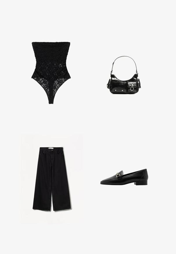 Czarny bodysuit z koronką, zdobiony teksturowanym wzorem w kwiaty, z wysokim dekoltem i krojem w thong. Miękki, przezroczysty materiał podkreśla złożony wzór.; Bershka WIDE czarny; Czarne skórzane mokasyny z ostrym noskiem, małym blokowym obcasem oraz detalem z złotego koloru z przodu. Gładka tekstura i minimalistyczny design.; Czarna torebka z lakierowanej skóry o zaokrąglonym kształcie, z jednym paskiem na ramię, przednimi kieszeniami i akcentami w kolorze srebrnym.