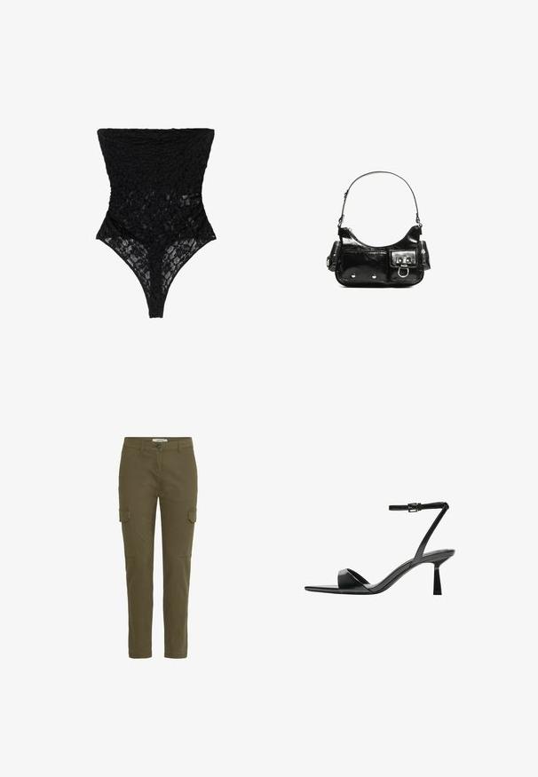 Zwarte kant bodysuit met een getextureerd bloemenpatroon, hoge halslijn en stringcut. Zacht, doorschijnend materiaal benadrukt het verfijnde ontwerp.; Olijfgroene cargobroek met rechte pijpen, gemaakt van katoen. Beschikt over twee zijzakken en een knoopsluiting in de taille.; Bershka Sandalen met hoge hak - black; Zwarte laarzen in lakleer met een gebogen vorm, één schouderband, voorvakken en accenten in zilverkleurig metaal.