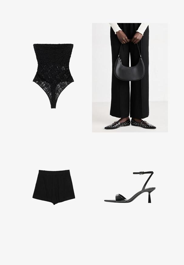 Čierny čipkový body so textúrovaným kvetinovým vzorom, vysokým výstrihom a klasickým strihom zadnej časti. Mäkký, priesvitný materiál podčiarkuje zložitý design.; Čierne šortky vyrobené z textúrovanej tkaniny, s plisovaným dizajnom, stredne vysokým pásom a rovný strih bez viditeľných zapínaní.; Bershka Sandále na vysokom opätku - black; Čierna kožená taška cez rameno s oblejším tvarom, lesklým povrchom a striebornými kovovými doplnkami. Osoba oblečená v čiernych nohaviciach s širokými nohavicami a ozdobených mokasínach.
