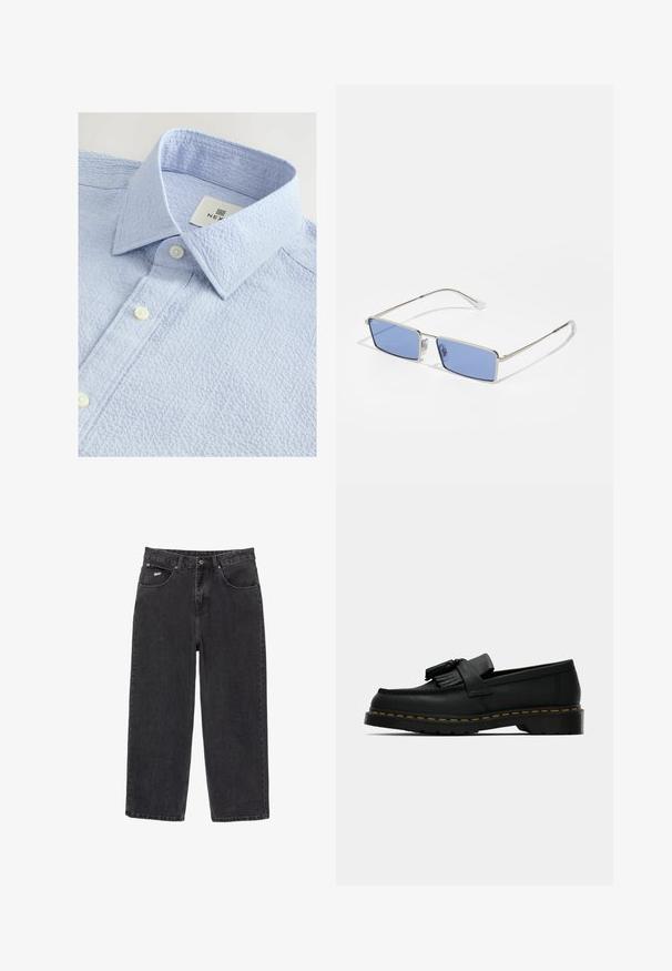 Lichtblauw gestructureerd shirt met een button-down kraag, voorzien van twee witte knopen en een label met de merknaam aan de binnenkant van de kraag.; Zwarte rechte spijkerbroek met vijf zakken en knoopsluiting, met een klein wit logo op de zijkant van de voorkant zak.; Zwarte leren instapper met kwastjes, gele stiksels langs de zool en een dikke, gegroefde rubberen buitenzool.; Metalen zonnebril met een rechthoekige vorm, blauw getinte glazen en een zilveren frame. Het heeft neuskussentjes en dunne, rechte scharnieren.