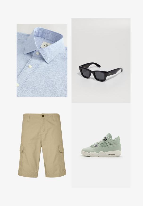 Camisa texturizada de color azul claro con cuello abotonado, que presenta dos botones blancos y una etiqueta con el nombre de la marca dentro del cuello.; Pantalones cortos cargo beige hechos de tela ligera, con un frente plano, bolsillos laterales y un patrón texturizado, diseñados para uso casual.; Zapatilla verde claro con parte superior de cuero, paneles de malla, suela blanca y acentos distintivos. Cuenta con cordones y amortiguación de aire en el talón.; Gafas de sol negras con un acabado brillante, montura rectangular, lentes oscuros y acentos de logotipo dorado en las patillas. Dos puntos dorados en cada esquina frontal.; Collar de cadena de metal en tono dorado que presenta grandes eslabones entrelazados y un cierre seguro. Superficie lisa y brillante con un acabado pulido.
