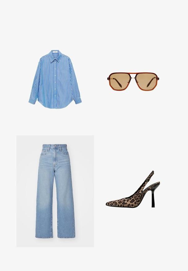 Modra in bela prugasta srajca s kragnami, dolgi rokavi, ena žep na levi, klasična ovratnica, gladka tkanina in sproščen kroj.; Svetlo modri visokorasli široki traper hlače z sprednjim gumbom in zadrgo, sprednjimi in zadnjimi žepi, na belem ozadju.; Čevlji s peto v leopardjem vzorcu, s konicami, črnimi lakastimi detajli, tanko visoko peto in nastavljivim zaponko. Sintetični material.; Rjave osmerokotne sončne naočale s prozornim amber okvirjem in rjavimi lečami s senco. Imajo kovinski detajl na mostu in vitke temple.; Črna usnjena torba čez telo z teksturirano površino, zlatim verižnim trakom in majhno etiketo. Ima izstopajoč logotip na sprednji strani.