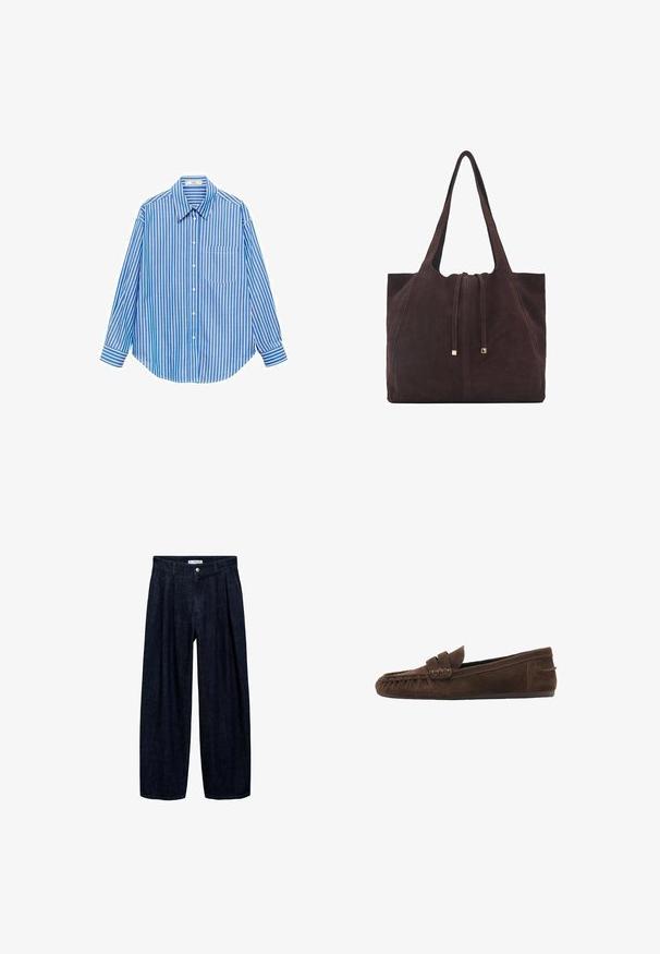 Modrá a biela pruhovaná košeľa s gombíkmi, dlhé rukávy, jedna kapsa naľavo, klasický golier, hladká látka s uvoľneným strihom.; Tmavé džínsy s širokými nohavicami a pregibmi v páse, s predným gombíkom a pútkami na opasok. Hladká textúra a celodlhý strih.; Hnedé semišové mokasíny s textúrovaným povrchom, vybavené pleteným akcentom a plochou podrážkou, navrhnuté pre pohodlné nosenie a bezstarostnosť.; Mango Veľká kabelka - dark brown