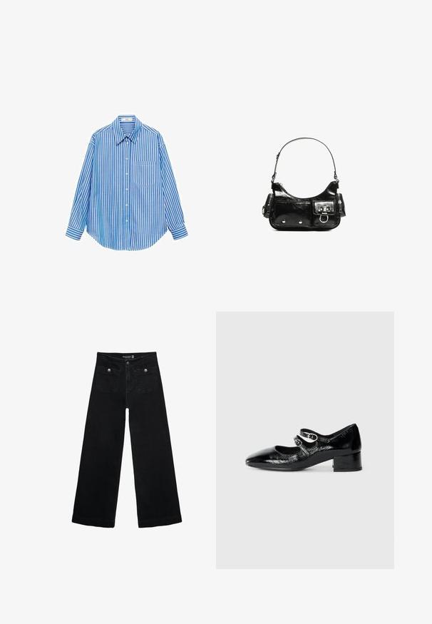 Camicia a righe blu e bianche, con bottoni, maniche lunghe, taschino singolo sulla sinistra, colletto classico, tessuto morbido con una vestibilità rilassata.; Jeans neri a gamba larga con vita alta, dotati di due tasche frontali e dettagli in metallo sui bottoni. Il tessuto ha una texture liscia.; Scarpe Mary Jane in vernice nera con punta affusolata, due cinturini regolabili con hardware circolare e tacco a blocco basso.; Borsa a spalla in vernice nera con forma curvata, una tracolla, tasche frontali e dettagli in metallo argentato.