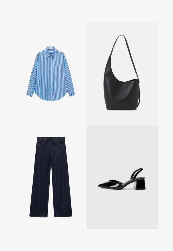 Modrá a bílá pruhovaná košile na knoflíky, dlouhé rukávy, jedna kapsa na levé straně, klasický límeček, hladká tkanina s uvolněným střihem.; Široké tmavě modré džínové kalhoty s elastickým pasem na šňůrku, vyznačující se žlutým prošíváním a designem s pěti kapsami.; Černé lakované kožené lodičky na pásku s špičatou špičkou a geometrickým blokovým podpatkem. Vyznačují se elegantním, minimalistickým designem a hladkým povrchem.; Černá kožená hobo taška s hladkým povrchem, zakřiveným tvarem a jedním nastavitelným popruhem; má široké otevírání nahoře.