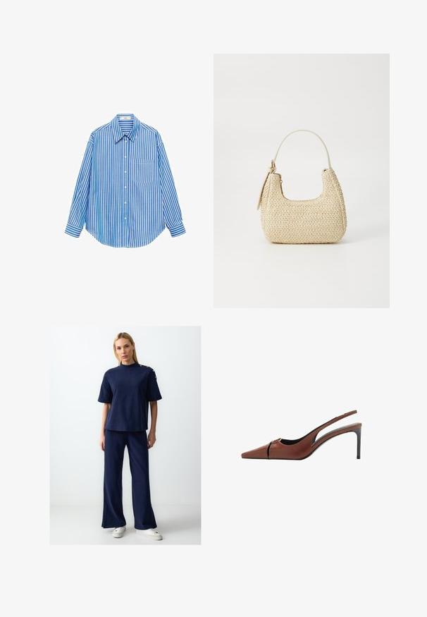 Blauwwit gestreepte button-up shirt, lange mouwen, enkele zak aan de linkerkant, klassieke kraag, gladde stof met een ontspannen pasvorm.; Navyblauwe textuur korte mouw top en wijde broek set. Heeft knoopdetails op de schouder. Gecombineerd met witte platform sneakers.; Bruine leren slingback hakken met een spitse neus, uitsnijding bij de bovenkant en een elegante stilettohak. Glad oppervlak.; Geweven straw handtas in beige met een gebogen vorm, een kort handvat en een zijrits. Beschikt over een gestructureerd oppervlak en een minimalistisch ontwerp.