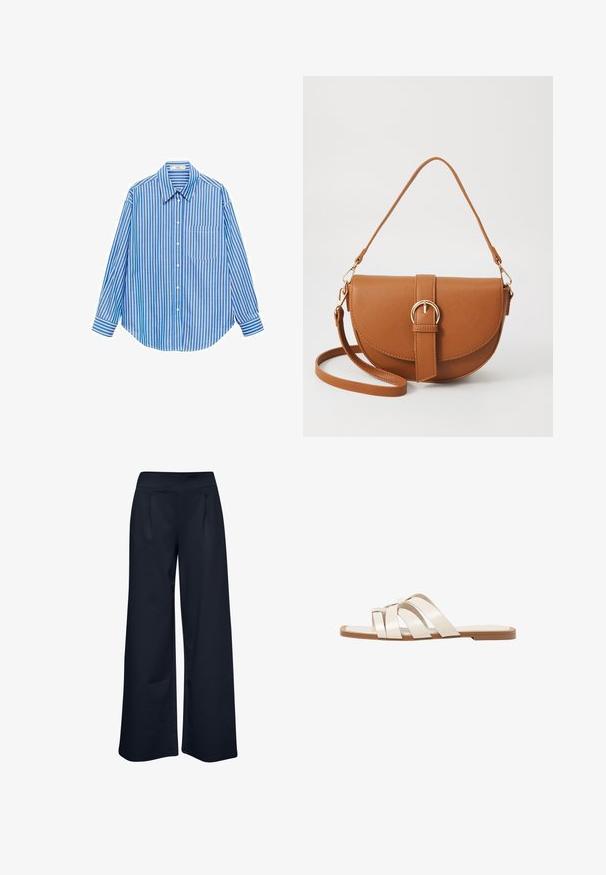 Chemise à rayures bleues et blanches, manches longues, poche unique sur la gauche, col classique, tissu lisse avec une coupe décontractée.; Pantalons à jambes larges en tissu extensible bleu marine, dotés d'une taille lisse et de deux poches avant, avec une coupe décontractée et un design longueur complète.; Sandales plates avec une semelle en caoutchouc beige, conçues avec trois brides en cuir blanc se chevauchant et un petit nœud au centre.; Sac bandoulière en cuir marron avec une forme incurvée, quincaillerie dorée et un accent en boucle. Comprend une bandoulière détachable.