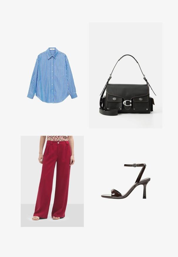 Niebieska i biała w paski koszula z długimi rękawami, pojedyncza kieszeń po lewej stronie, klasyczny kołnierzyk, gładki materiał i luźny krój.; Szerokie czerwone spodnie wykonane z miękkiego materiału. Zapięcie na guzik oraz zaszewki z przodu. Gładka tekstura i swobodny krój.; Brązowe lakierowane skórzane sandały na wysokim obcasie z paskiem wokół kostki, otwartym noskiem i eleganckim, minimalistycznym designem. Posiadają kwadratowy obcas.; Czarna skórzana torebka na ramię z klapką, srebrnymi detalami, dwiema przednimi kieszeniami, kontrastowym przeszyciem oraz odpinanym paskiem na ramię.
