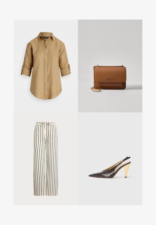 Jasnobrązowa lniana koszula z guzikami z przodu, kołnierzem i podwiniętymi rękawami. Gładka faktura, luźny krój i klasyczny design.; Spodnie szerokie w kolorze kremowym z pionowymi granatowymi paskami. Posiadają elastyczny pas z troczkiem, co zapewnia luźny krój i teksturę.; Sandały na obcasie z przeszyciem w ciemnym brązowym lakierowanym faux krokodyle. Posiadają złoty geometrzyczny obcas oraz regulowany pasek wokół kostki.; Brązowa skórzana torba na ramię z teksturą, z złotym łańcuszkiem i zapięciem na klapkę. Z przodu znajduje się detal z logo oraz kieszeń pod klapką.
