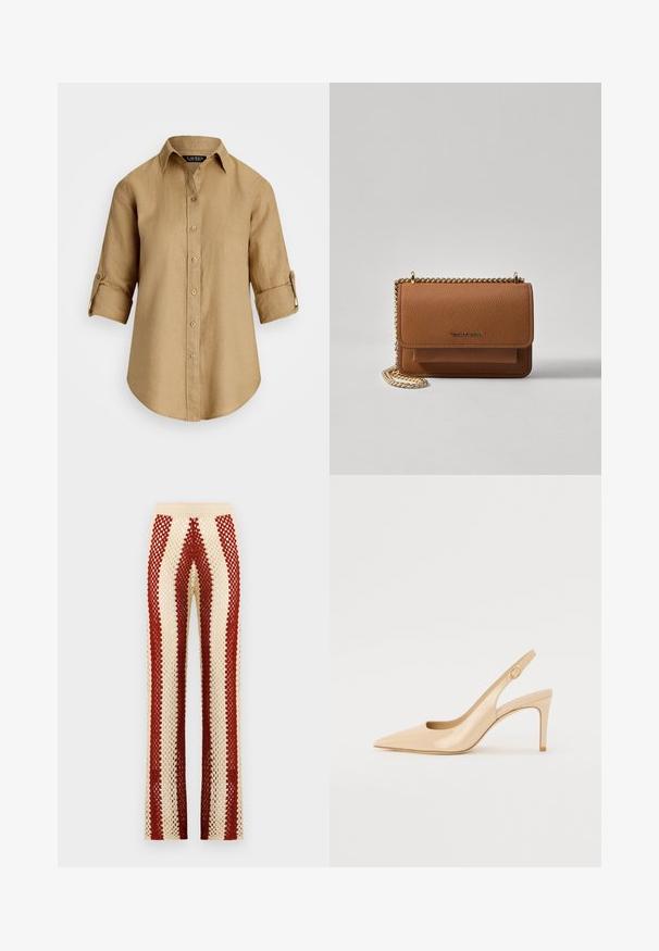 Chemise en lin beige clair avec un devant à boutons, un col et des manches retroussées. Texture lisse avec une coupe décontractée et un design classique.; Pantalons au crochet avec une taille ajustée, présentant des rayures verticales alternées rouge et crème, une coupe évasée et une texture ouverte.; Escarpin slingback en cuir verni nude avec un bout pointu, un décolleté ouvert et un talon aiguille fin. Comprend un accent doré circulaire sur la sangle.; Sac en cuir texturé marron en bandoulière avec une sangle en chaîne dorée et une fermeture à rabat. L'avant présente un détail de logo et une poche sous le rabat.