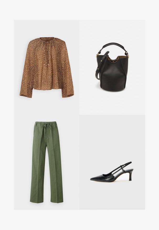 Brązowa, w kropki bluzka z okrągłym dekoltem, marszczeniami i długimi rękawami. Lekki, przezroczysty materiał o luźnym kroju.; Zielone, luźne spodnie wykonane z lekkiego materiału, posiadające elastyczny pas ze sznurkiem oraz kieszenie boczne.; Czarne lakierowane czółenka na obcasie typu slingback z wąskim noskiem, z teksturowanym wzorem wężowym, regulowanym paskiem oraz krótkim, teksturowanym obcasem w kształcie słupka.; Czarna skórzana torebka w kształcie wiadra o teksturowanym wykończeniu, z złotymi akcentami metalowymi i otwartą górą. Posiada krótką rączkę oraz regulowany pasek na ramię.