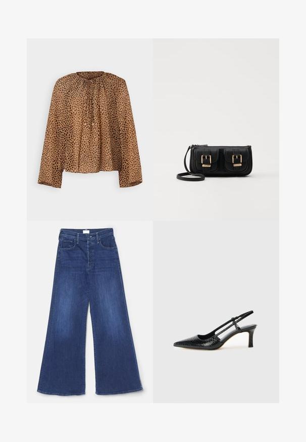 Brown animal print blouse with a gathered neckline, long sleeves, and a loose fit. Lightweight fabric with a smooth texture.; Mother THE TOMCAT ROLLER SNEAK - Wide Leg - blue; Black patent slingback heel with a pointed toe, featuring textured snake print, adjustable strap, and a short, textured block heel.; Black leather crossbody bag with two front pockets, gold buckles, zipper closure, and a slim strap. Textured surface and compact rectangular shape.