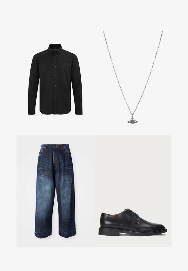 Black long-sleeve button-up shirt with a pointed collar, visible brand label inside the collar, and a curved hem.; Black cotton t-shirt with a crew neck and short sleeves. Features a subtle front logo and a straight hemline. Simple and minimalistic design.; Dark blue denim wide-leg pants feature a high waist, contrast stitching, front pockets, and a smooth texture with slight fading.; Black leather dress shoe with a round toe, lace-up design, and a low stacked heel. Smooth texture with minimal stitching details.; Silver chain necklace featuring a detailed pendant in the shape of a planet, adorned with small accents and intricate patterns.