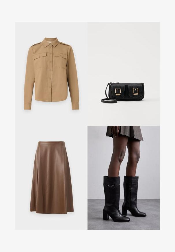 Cămașă cu mâneci lungi dintr-un material bej, cu închidere prin nasturi în față, două buzunare pe piept, epauleți la umeri și un tiv curbat.; Fustă A-line din piele maro, cu o textură netedă și un tiv de lungime medie. Prezintă un talie ajustată și o ușoară evazare de la șolduri.; Zadig & Voltaire PREISER TUBE - Cizme - noir; Geantă neagră din piele, tip crossbody, cu două buzunare frontale, catarame aurii, închidere cu fermoar și o curea subțire. Suprafață texturată și formă rectangulară compactă.