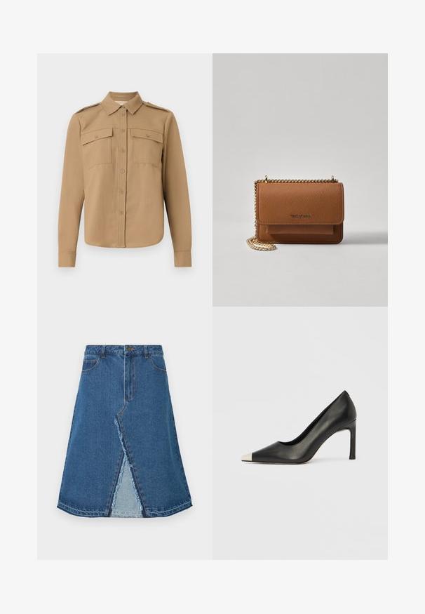 Chemise à manches longues en tissu beige avec un devant à boutons, deux poches poitrine, épaulettes et un ourlet incurvé.; Jupe en denim bleu avec une forme évasée, présentant une fente à l'avant et un ourlet effiloché. Design classique à cinq poches et fermeture à bouton métal.; Chaussure à talon haut en cuir noir avec bout pointu et capuchon argenté métallique. Présente une finition lisse et un talon fin de 10 cm.; Sac en cuir texturé marron en bandoulière avec une sangle en chaîne dorée et une fermeture à rabat. L'avant présente un détail de logo et une poche sous le rabat.