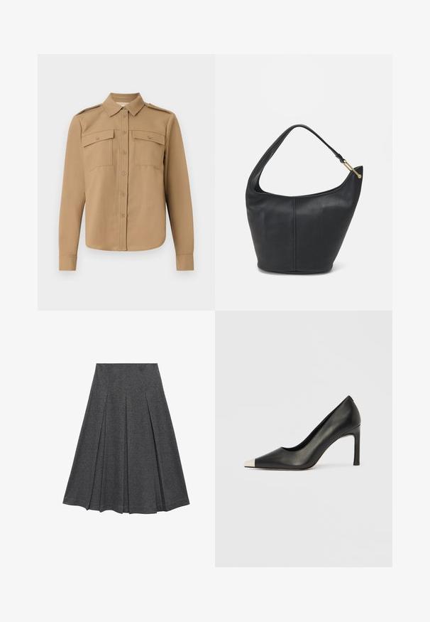 Langärmliges Hemd aus beige Stoff mit durchgehender Knopfleiste, zwei Brusttaschen, Schulterklappen und abgerundetem Saum.; Grauer, plissierter Rock mit ausgestellt Form, aus weichem Stoff. Verfügt über vertikale Falten und einen glatten Bund für einen figurschmeichelnden Look.; Schwarzer Lederschuh mit hohem Absatz, spitz zulaufender Zehenpartie und metallischer silberner Spitze. Verfügt über eine glatte Oberfläche und einen schlanken 10 cm hohen Absatz.; Schwarze Lederhandtasche mit abgerundeter Form, breitem Tragegurt und strukturiertem Finish. Besitzt eine subtile Nahtdetails und einen Akzent aus goldfarbenem Metall.
