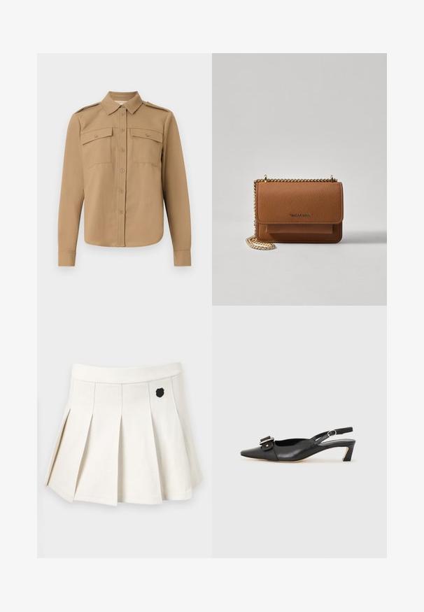 Langermet skjorte i beige stoff med knappelukking foran, to brystlommer, skulderklapper og buet kant.; Frynset hvit skjørt laget av bomull-blanding stoff, med et svart emblem på forsiden og en elastisk midje for komfortabel passform.; Svarte skinn slingback-sko med spiss tå, liten hæl og dekorativ spenne-detalj på overdelen. Glatt tekstur, minimalistisk design.; Brun teksturert lær crossover-veske med gullkjede-stropp og klaffelukking. Fronten har logo-detalj og en lomme under klaffen.