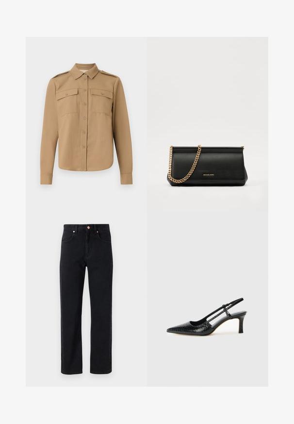Smėlio spalvos marškiniai ilgomis rankovėmis su mygtukų uždarymu priekyje, dviem krūtinės kišenėmis, pečių epauletėmis ir kreiva apatine dalimi.; Juodi džinsai su tiesiomis kojomis, penkių kišenių dizainas, variniai mygtuko detalės ir minimaliai matomi siūlai.; Juodai lakuoti slingback aukštakulniai su smailiu nosiu, su tekstūruotu gyvatės raštu, reguliuojama juosta ir trumpu, tekstūruotu blokiniu kulnu.; Juodas odinis delninukas su auksine grandine, turintis lygų paviršių, stačiakampį išmatavimą ir įspaustą prekės ženklą priekyje.