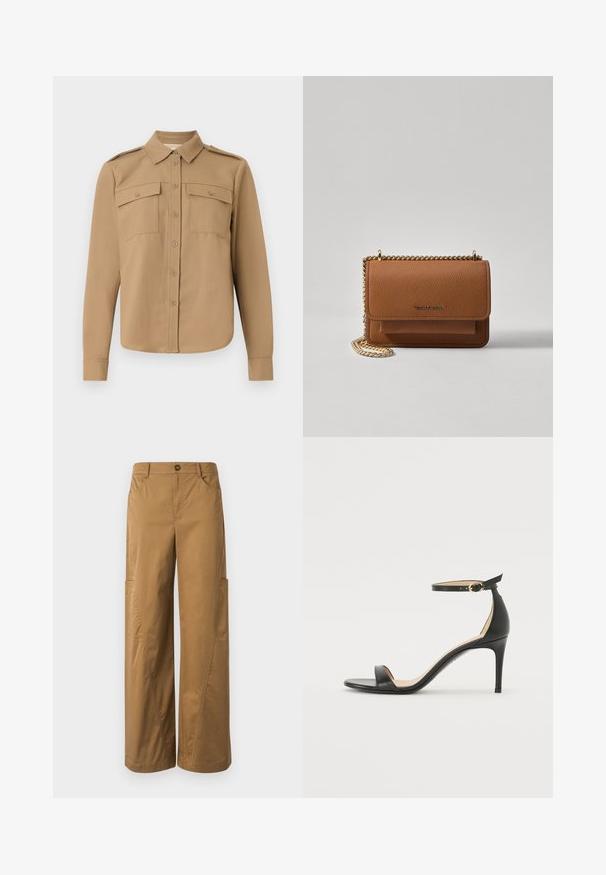 Långärmad skjorta i tan-färgad tyg med knappstängning fram, två bröstfickor, axelremmar och rundad fåll.; Bruna vida byxor i bomull, med knappstängning, sidofickor och synliga söm detaljer.; Svart läder högklackad sandal med ankelrem. Har en mjuk yta, öppen tå och en tunn klack. Guldtonad spänne som detalj.; Brun texturerad läder crossbody-väska med guldkedja och klaffstängning. Framsidan har logotypdetalj och en ficka under klaffen.