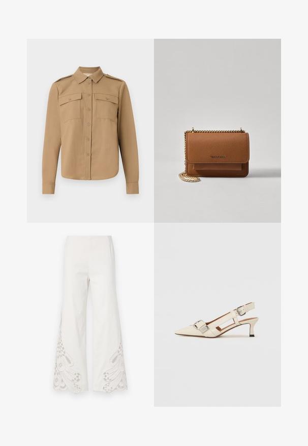 Long-sleeved shirt in tan fabric with a button-down front, two chest pockets, shoulder epaulettes, and a curved hem.; Wide-leg trousers made of white fabric featuring intricate beige embroidery patterns and scalloped hems on the lower legs.; White leather slingback shoe with a pointed toe, small heel, and adjustable strap featuring a prominent silver buckle detail.; Brown textured leather crossbody bag with gold chain strap and flap closure. Front features logo detail and a pocket under the flap.
