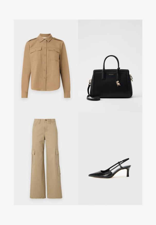 Koszula z długim rękawem w tanowym materiale, z guzikiem z przodu, dwiema kieszeniami na piersi, pagonami na ramionach i zaokrąglonym dołem.; Beżowe spodnie cargo z szerokimi nogawkami, z dwoma bocznymi kieszeniami na klapki, z zapięciem na guzik oraz gładką bawełnianą tkaniną.; Czarne lakierowane czółenka na obcasie typu slingback z wąskim noskiem, z teksturowanym wzorem wężowym, regulowanym paskiem oraz krótkim, teksturowanym obcasem w kształcie słupka.; Czarna skórzana torebka o strukturalnym designie, z dwiema górnymi uchwytami, odpinanym paskiem na ramię, złotymi akcesoriami i zawieszką z logo.