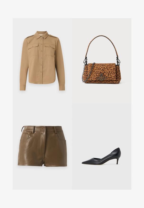 Košulja dugih rukava od tamno smeđeg platna s kopčanjem na dugme, dva džepa na prsima, ramena s epoletama i zakrivljeni rub.; Smeđe kratke hlače od umjetne kože s pripijenim dizajnom, elastičnim pojasom s petljicama za remen, prednjim džepovima i vidljivim šavovima.; Crna kožna cipela s vrhom u špic i niskom petom. Ima glatku teksturu i suptilan sjaj. Prednji dio je otvoren za dodatni detalj.; Torba na rame od suede u leopard uzorku s kratkom ručkom, lančićem i crnim metalnim kopčom. Pravokutnog oblika s preklopom.