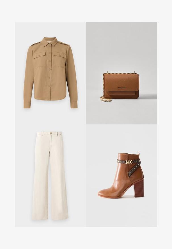 Küljest laia varrukaga särk tan värvi kangast, millel on nööbid ees, kaks rinna taskut, õlgade epauletid ja kaarduv hem.; Beesidude laiats püksid, mis on valmistatud puuvillast ja millel on sile tekstuur. Omavad nööbiga kinnitamist, eesosas taskud ja klassikaline puusakujundus.; Pruun nahkne pahkluu saabas, millel on kõrge plokk konts, külgrihm kullast nänni ja kuldne "MK" logo pandla.; Pruun tekstureeritud nahk ristkeha kott kuldse ahelaga rihmaga ja klapiga sulgemine. Esiküljel on logo detail ja tasku klapi all.