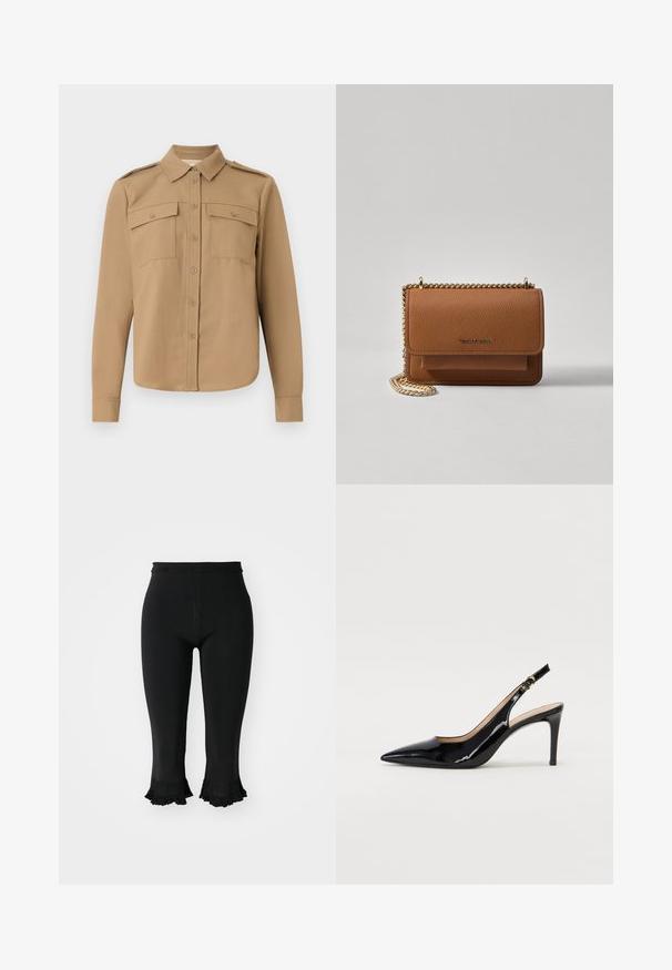 Garās piedurknes krekls gaiši brūnā audumā ar pogām priekšpusē, divām krūšu kabatām, plecu epauletēm un izliekto apakšmalu.; sandro PANTALON CROP MAILLE BAS FANTAISIE - Auduma bikses - noir; Melnas lakotās ādas slingback kurpes ar izteiktu degunu, šauru papēdi un smalku izgriezumu dizainu. Siksniņai ir zelta sprādze.; Brūna teksturēta ādas plecu soma ar zelta ķēdes siksnu un atloka aizdari. Priekšpusē ir logotipa detaļa un kabata zem atloka.
