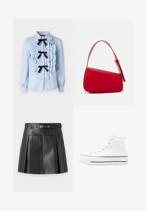 Camisa de mangas longas azul-claro com detalhe franzido na frente, três acabamentos em fita preta e colarinho clássico. Tecido de algodão suave.; Saia plissada preta feita de pele sintética, com uma cintura ajustada com um cinto e detalhes em prata. Textura suave.; Sapatilha alta de tela branca com sola de borracha preta, bico de borracha na frente e seis ilhós para os atacadores, apresentando um design limpo e minimalista.; Bolsa de mão em couro vermelho com um design angular e geométrico. Apresenta uma única alça ajustável e um fecho com aba, com detalhes cosidos.