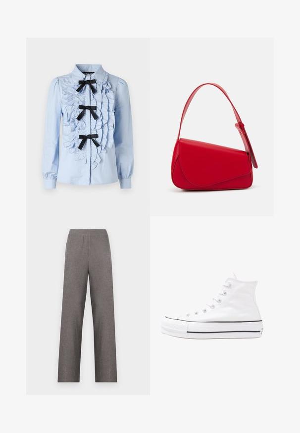 Világoskék, hosszú ujjú ing, fodros elülső részletekkel, három fekete szalagos díszítéssel és klasszikus gallérral. Sima pamut anyag.; Szürke, bő szárú nadrág, texturált anyagból és gumis derekkal. A design egyszerű, egyenes vonalvezetésű, zsebek nélkül.; Fehér magaskorsó vászon sportcipő fekete gumi talppal, elülső gumi orrnyereggel és hat fűzőlyukkal, letisztult, minimalista dizájnnal.; Piros bőr kézitáska szögletes, geometrikus kialakítással. Egy állítható pánttal és varrott részletekkel ellátott fedélzárral rendelkezik.