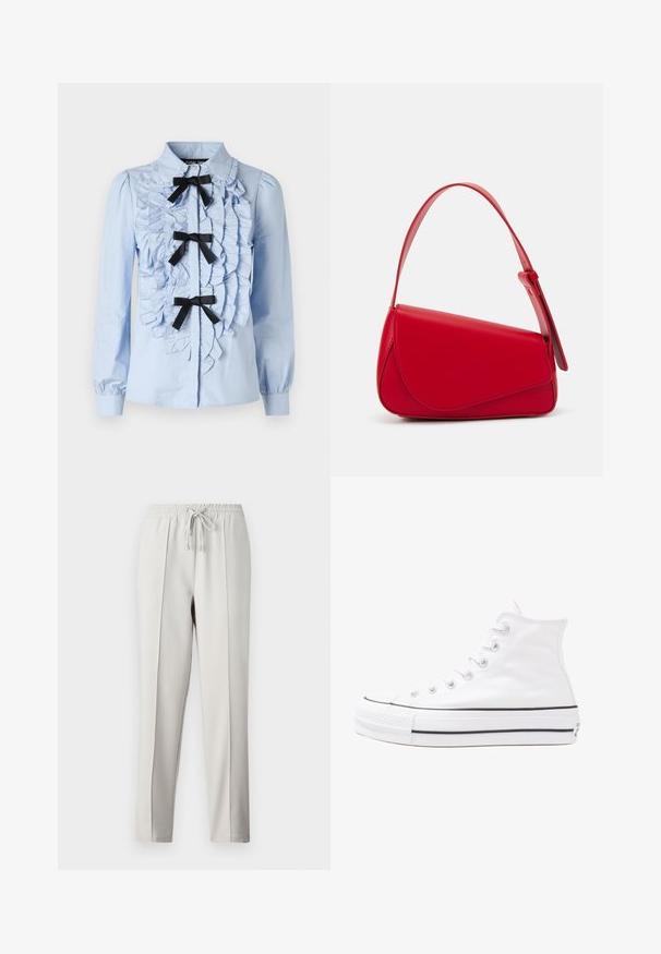 Light blue long-sleeve shirt with ruffled front detail, three black ribbon accents, and a classic collar. Smooth cotton fabric.; Light gray jogger pants with an elastic waistband, drawstring, and side seams. Crafted from smooth fabric for a relaxed fit.; White high-top canvas sneaker with black rubber sole, front rubber toe cap, and six eyelets for laces, featuring a clean, minimalist design.; Red leather handbag with an angular, geometric design. Features a single adjustable strap and a flap closure with stitched detailing.