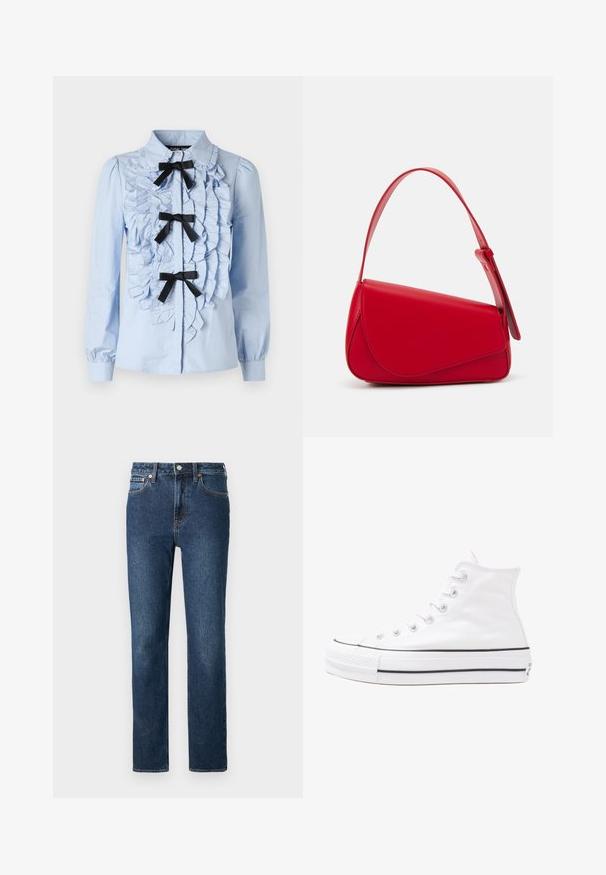 Camisa de mangas longas azul-claro com detalhe franzido na frente, três acabamentos em fita preta e colarinho clássico. Tecido de algodão suave.; Jeans de denim azul escuro com um design de perna reta, apresentando um fecho de botão e zíper, além de detalhes em costura laranja.; Sapatilha alta de tela branca com sola de borracha preta, bico de borracha na frente e seis ilhós para os atacadores, apresentando um design limpo e minimalista.; Bolsa de mão em couro vermelho com um design angular e geométrico. Apresenta uma única alça ajustável e um fecho com aba, com detalhes cosidos.