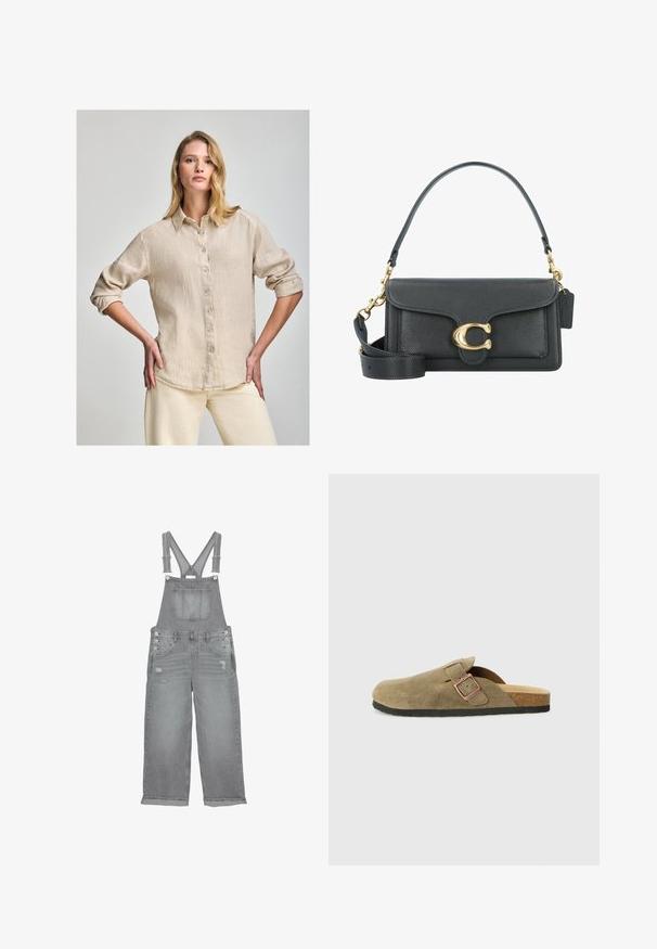 Beige Leinenhemd mit Knopfleiste und Kragen, langen Ärmeln, die bis zu den Ellenbogen gerollt sind, und einer subtilen Textur. Verfügt über ein kleines Logo-Detail nahe dem Saum.; Graue Denim-Latzhose mit verstellbaren Trägern, Brusttasche, Seitenknöpfen und verwaschenen Details an den Beinen.; Wildleder-Hausschuh im Clog-Stil in Olivgrün mit schmalem Riemen und Metall-Schnallen-Detail. Verfügt über ein Kork-Fußbett und eine schwarze Gummisohle.; Schwarze Lederhandtasche mit goldenen Hardware-Akzenten, ausgestattet mit einem charakteristischen Verschluss, einem abnehmbaren Schultergurt und einer strukturierten Oberfläche.