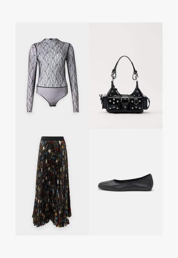 Sort langærmet bodysuit i gennemsigtig blonde med blomsterdesign. Har en høj halsudskæring og kontrastfarvet sort kant ved kanter og bund.; Plisseret maxiskørt i sort stof med et blomsterprint i rødt, blåt og hvidt, med en ensfarvet sort elastisk talje.; Sort læderballetsko med rund tå, glat tekstur, minimal syning og et fleksibelt såldesign.; Sort læderhåndtaske med et buet design, prydet med sølvfarvede nitter, en spænde og to sidelommer. Justerbar rem til forskellige bære muligheder.