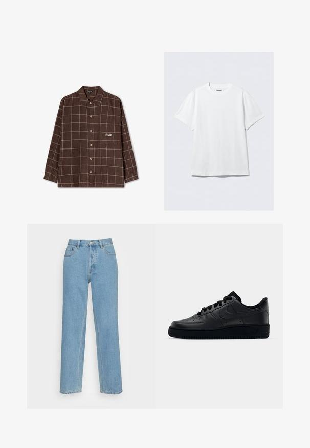 Kaotiko MILTON CHECKED UNISEX - Blusa - brown; Camiseta blanca de manga corta hecha de algodón suave. Presenta un cuello redondo y un corte holgado, con una textura suave y un diseño limpio y sin adornos.; Vaqueros de mezclilla rectos de color azul claro, que cuentan con un diseño clásico de cinco bolsillos, cierre frontal con botón y detalles de costura visibles.; Zapatilla Nike Air Force 1 negra con parte superior de cuero liso, puntera perforada para transpirabilidad, cordones negros y suela de goma texturizada.