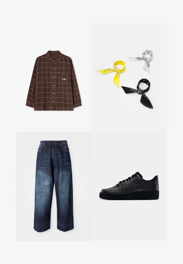 Kaotiko MILTON CHECKED UNISEX - Blusa - brown; Pantalones anchos de mezclilla azul oscuro con una cintura alta, costuras en contraste, bolsillos delanteros y una textura suave con un ligero desvanecimiento.; Zapatilla Nike Air Force 1 negra con parte superior de cuero liso, puntera perforada para transpirabilidad, cordones negros y suela de goma texturizada.; Tres bandanas: una amarilla con patrones negros, una blanca con diseños negros y una negra con gráficos blancos. Todas son de tela ligera y de forma cuadrada.
