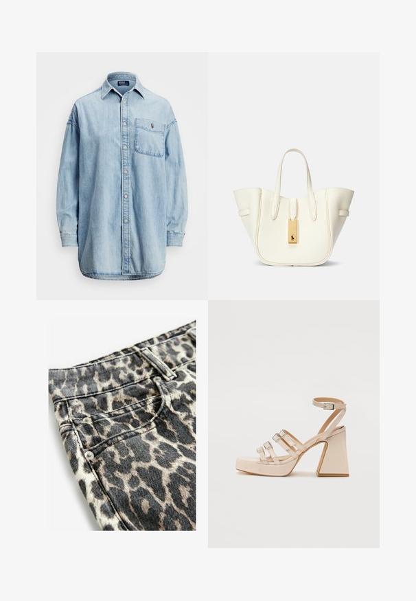 Polo Ralph Lauren OVERSIZE COTTON DENIM SHIRT - Skjortebluser - soria wash; Leopardmønstret denimstof med sorte og beige nuancer, metalnitter, syede lommer og et struktureret taljebånddesign.; Beige platform sandaler med tre justerbare stropper og ankelspænde. Blank finish, firkantet hæl og glat tekstur.; Hvid læder tote taske med en struktureret form, fremtrædende syninger, guld hardware mærke og dobbelt håndtag. Tekstureret overflade med sidelommer.